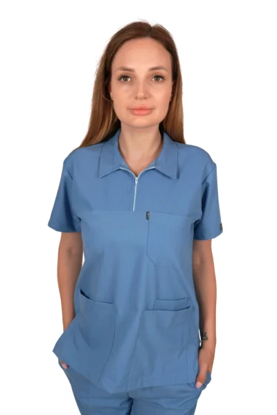 Likralı Polo Yaka Mavi Üst Parça