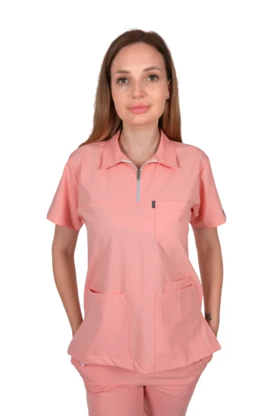 Likralı Polo Yaka Pembe Üst Parça